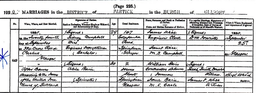an image of Alice and Sidney's marriage registration